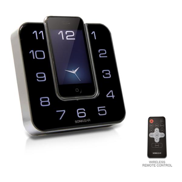 Колонки с док-станцией SonicGear IP-12 Time Machine, 3Вт, 80..20000Гц, для iPhone/iPod, ЖК дисплей, ПДУ, FM, будильник, часы, пластик, черный-серебристый