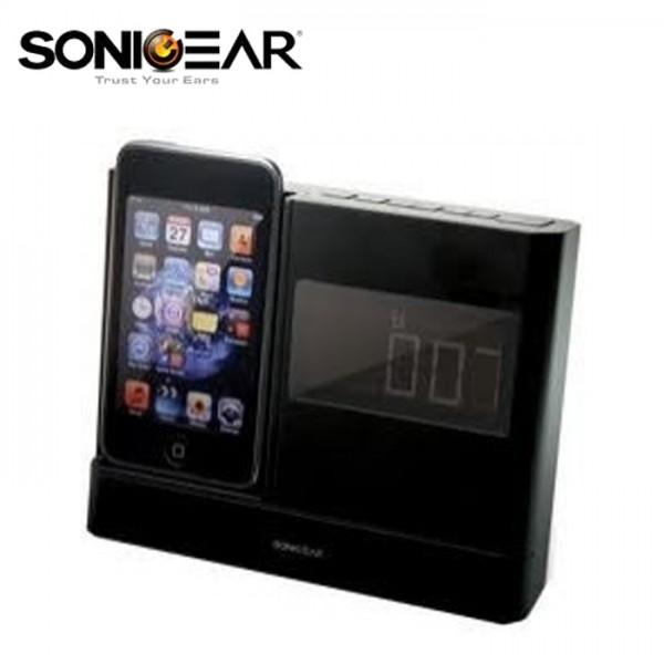 Колонки с док-станцией SonicGear IP-7 Porta 2, 5.5Вт, 80..20000Гц, для iPhone/iPod, MiniJack, ЖК дисплей, FM, будильник, часы, пластик, черный