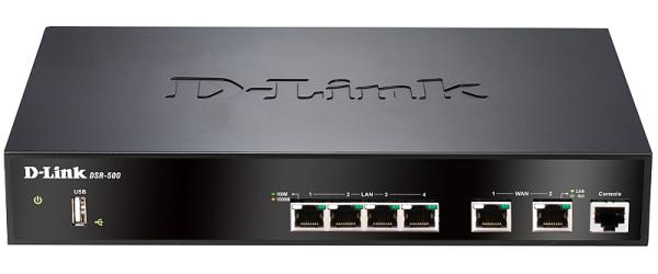 Сетевой экран (Firewall) D-Link DSR-500/A1A, 4*RJ45 LAN 1Гбит/с, 2*RJ45 WAN 1Гбит/с, 1*USB2.0, 1*RS232, принт-сервер, VPN-сервер, VPN-клиент