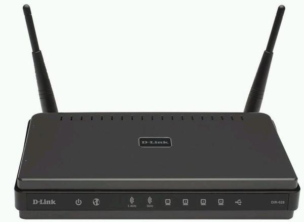 Маршрутизатор WiFi D-Link DIR-628, 4*RJ45 LAN 100Мбит/с, 1*RJ45 WAN 100Мбит/с, 802.11n 300Мбит/с, 2.4ГГц, 802.11a 54Мбит/с, 5.5ГГц, 1*USB2.0, 2*RP-SMA штырь, Firewall