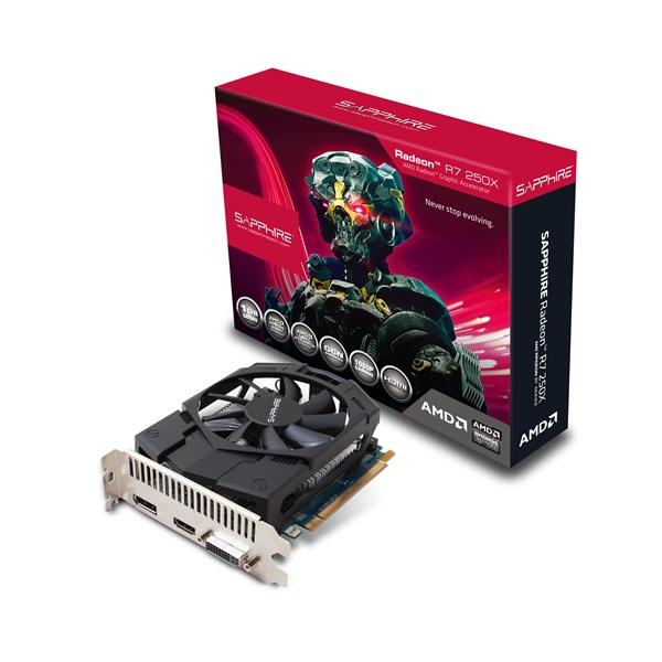 Видеокарта PCI-E Radeon R7 250X Sapphire, 1GB GDDR5 128bit 950/4500МГц, PCI-E3.0, HDCP, DisplayPort/DVI/HDMI, DVI->VGA, CrossFireX, 105Вт, 11229-00