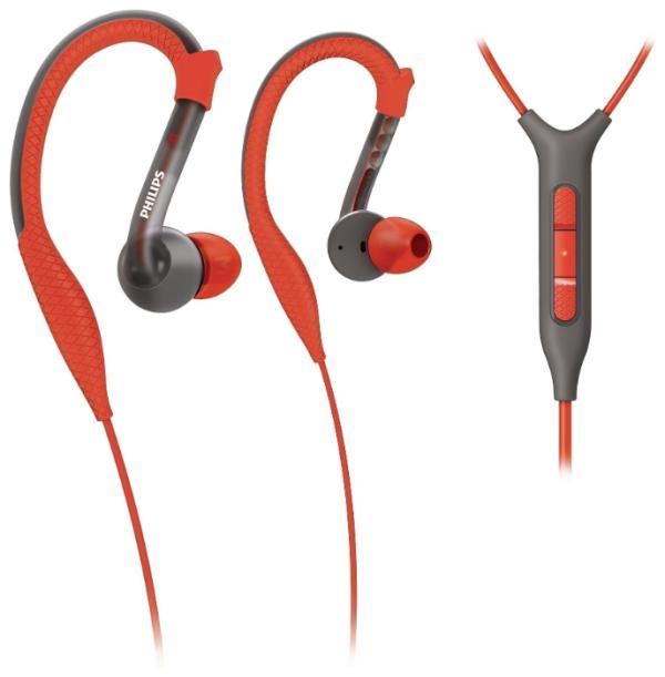 Наушники с микрофоном проводные крепление на ухе вставные Philips SHQ3217/10, 15..22000Гц, кабель 1.2м, MiniJack, регулятор громкости, для спорта, оранжевый-серый