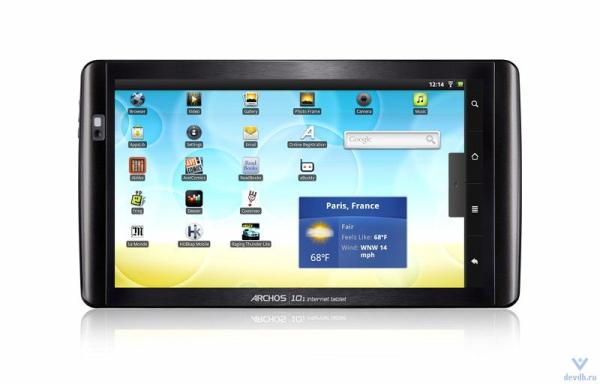 Планшет 10.1" Archos 101 Internet Tablet, 1024*600, ARM 1ГГц, 16GB, BT, WiFi, SD-micro, MiniHDMI, камера, Android 2.2, 270*150*12мм 480г, 7ч, черный