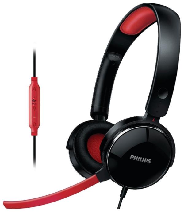 Наушники с микрофоном проводные дуговые закрытые Philips SHG7210, 20..20000Гц, микрофон - 100..4000Гц, кабель 2м, 2*MiniJack, регулятор громкости, динамические, черный-красный