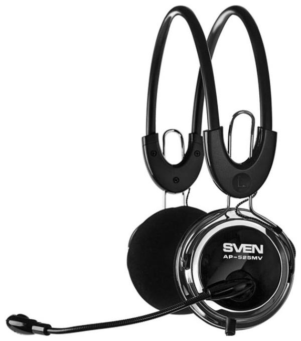 Наушники с микрофоном проводные дуговые закрытые Sven AP-525MV, 20..20000Гц, микрофон - 20..16000Гц, кабель 2.2м, 2*MiniJack, регулятор громкости, черный-серебристый