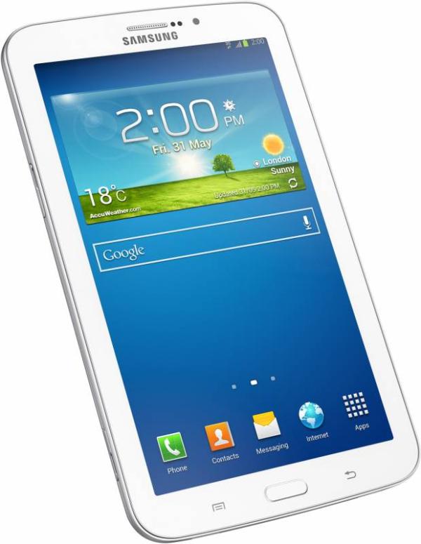 Планшет  7" Samsung Galaxy Tab 3 (SM-T2110ZWAMGF), 1024*600, Samsung 1.2ГГц, 8GB, 3G, GPS, BT, WiFi, SD-micro, 2 камеры 3/1.3Мпикс, Android 4.1, 111*188*10мм 300г, 7ч, белый