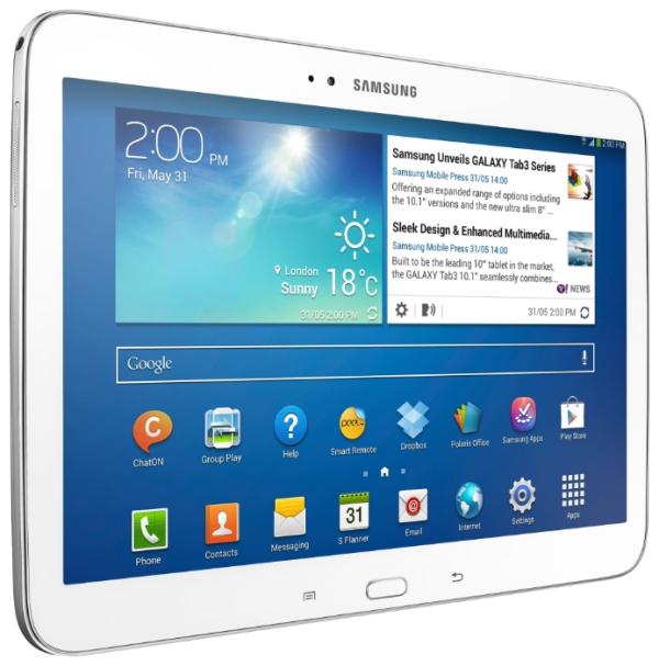 Планшет 10.1" Samsung Galaxy Tab 3 (GT-P5200ZWAMGF), 1280*800, Intel 1.6ГГц, 16GB, 3G, GSM, GPS, ИК, BT, WiFi, SD-micro, 2 камеры 3/1.3Мпикс, Android 4.2, 243*176*8мм 512г, 9ч, белый