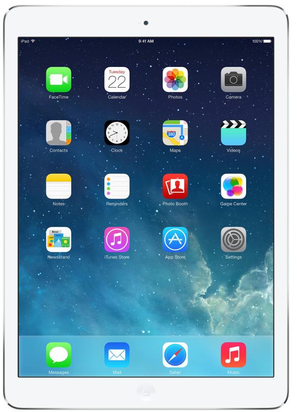 Планшет  9.7" Apple iPad Air (ME988), 2048*1536, A7 1.4ГГц, 128GB, 3G/4G, GSM, GPS, BT, WiFi, 2 камеры 5/1.2Мпикс, 170*240*8мм 480г, 10ч, серебристый