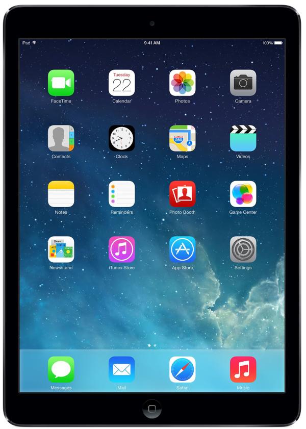 Планшет  9.7" Apple iPad Air (ME987), 2048*1536, A7 1.4ГГц, 128GB, 3G/4G, GSM, GPS, BT, WiFi, 2 камеры 5/1.2Мпикс, 170*240*8мм 478г, 10ч, серый