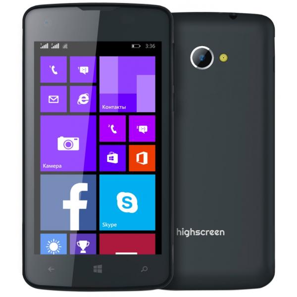 Смартфон 2*sim Highscreen WinJoy, 4*1.2ГГц, 4GB, 4" 800*480, SD-micro/SDHC-micro, GSM/3G, GPS, BT, WiFi, G-sensor, радио, 2 камеры 5/0.3Мпикс, Windows Phone 8.1, 63.8*122.5*9.9мм 105г черный