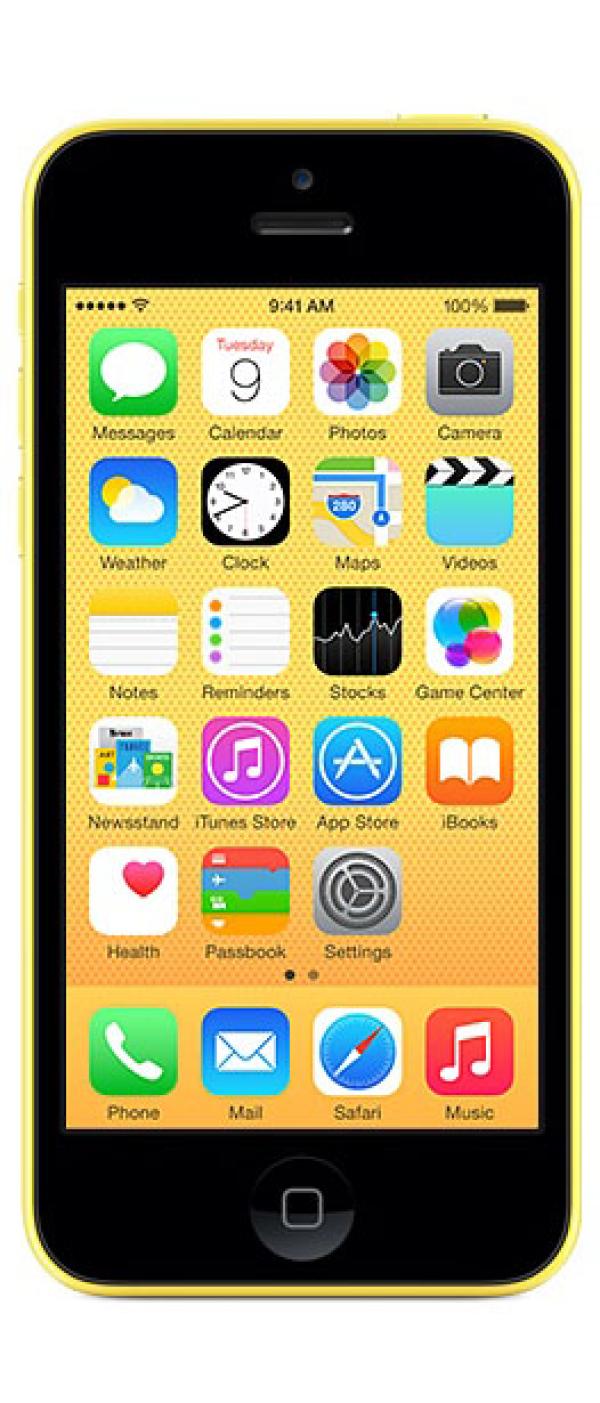 Смартфон Apple iPhone 5C (MF093), 2*1.2ГГц, 32GB, 4" 1136*640, GSM/3G/4G, GPS, BT, WiFi, G-sensor, 2 камеры 8/1.2Мпикс, 59*124*9мм 132г, 250/10ч, желтый