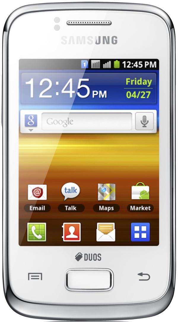 Смартфон 2*sim Samsung Galaxy Y Duos (GT-S6102UWASER), 1*832МГц, 3.14" 320*240, SD-micro, GSM/3G, GPS, BT, WiFi, G-sensor, радио, камера 3Мп., Zoom 2x, Android 2.3, 60*110*12мм 109г, 630/17.5ч, белый