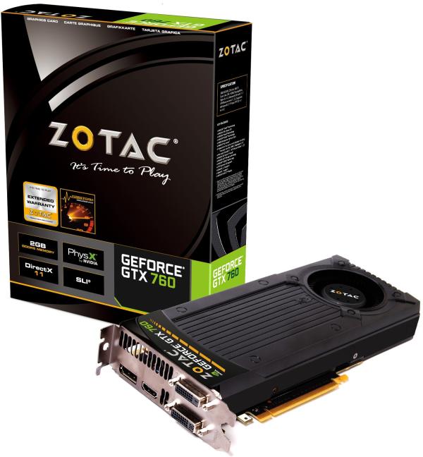 Видеокарта PCI-E Gf GTX760 Zotac ZT-70401-10P, 2GB GDDR5 256bit 993/6008МГц, PCI-E3.0, HDCP, DisplayPort/2DVI/HDMI, DVI->VGA, SLI, 170Вт