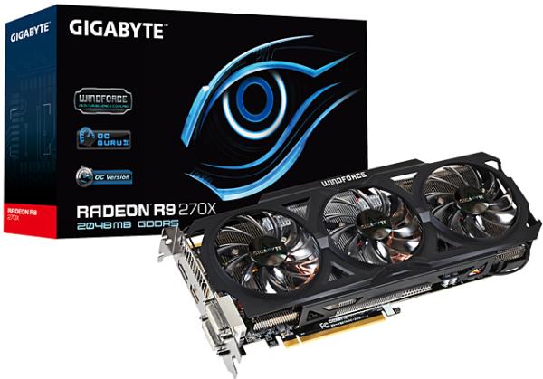 Видеокарта PCI-E Radeon R9 270X GIGABYTE GV-R927XOC-2GD, 2GB GDDR5 256bit 1050/5600МГц, PCI-E3.0, HDCP, DisplayPort/2DVI/HDMI, CrossFireX, Heatpipe, 180Вт