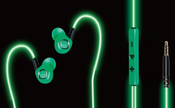 Наушники с микрофоном проводные вставные Power4 EP002 Green, 20..20000Гц, кабель 1.36м, MiniJack, светящиеся, регулятор громкости, зеленый