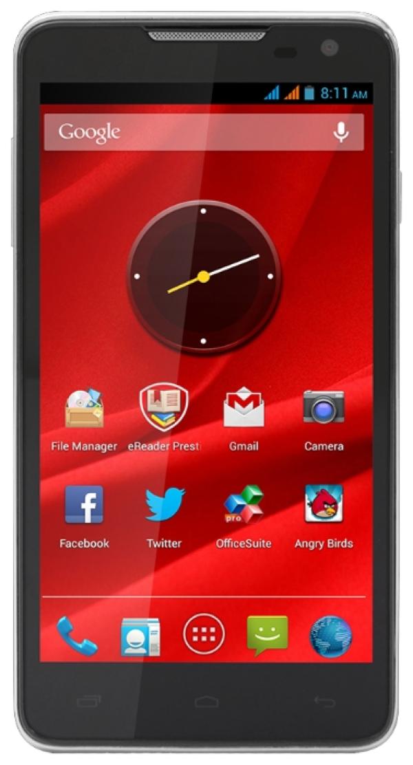 Смартфон 2*sim Prestigio Multiphone 5044 DUO, 4*1.2ГГц, 5" 1280*720, SD-micro, GSM/3G, GPS, BT, WiFi, G-sensor, 2 камеры 8/2Мпикс, Android 4.2, 73*145*9мм 130г, 281/15ч, черный