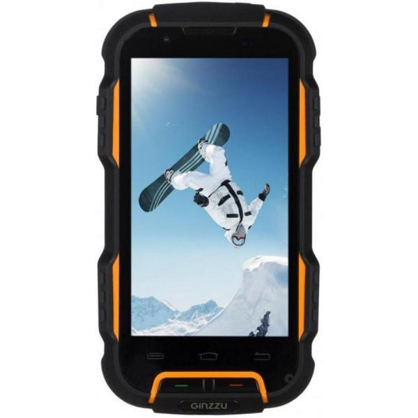 Смартфон 2*sim Ginzzu RS9 Dual, 4*1.2ГГц, 4GB, 4.02" 854*480, SD-micro, GSM/3G, GPS, BT, WiFi, G-sensor, радио, 2 камеры 8/1.3Мпикс, Android 4.2, 76*123*18мм 140г, черный-оранжевый