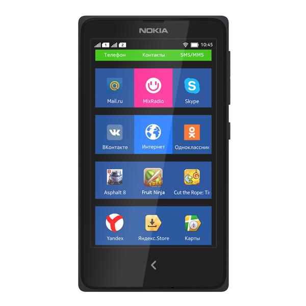 Смартфон 2*sim Nokia X, 2*1ГГц, 4GB, 4" 800*480, SD-micro, GSM/3G, GPS, BT, WiFi, G-sensor, радио, камера 3Мпикс, Zoom 4x, Nokia X 1.0, 63*116*10мм 129г, 672/13.3ч, черный