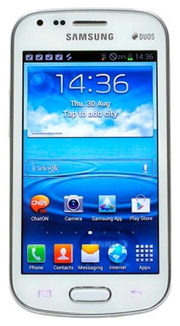 Смартфон 2*sim Samsung Galaxy S Duos (GT-S7562UWASER), 1*1ГГц, 4GB, 4" 800*480, SD-micro, GSM/3G, GPS, BT, WiFi, G-sensor, радио, 2 камеры 5/0.3Мпикс, Android 4.0, 63*122*11мм 120г, 445/13ч, белый