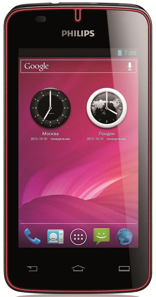 Смартфон 2*sim Philips w536, 2*1ГГц, 4GB, 4" 800*480, SD-micro, GSM/3G, GPS, BT, WiFi, G-sensor, радио, 2 камеры 5/0.3Мпикс, Android 4.0, 65*128*12мм 141г, красный