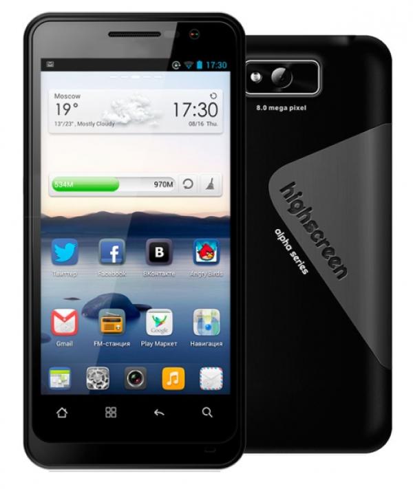 Смартфон 2*sim Highscreen Alpha GTR, 2*1ГГц, 4GB, 4.5" 1280*720, SD-micro/SDHC-micro, GSM/3G, GPS, BT, WiFi, G-sensor, радио, 2 камеры 8/2Мпикс, Android 4.0, 67*131*11мм 148г, 150/4ч, черный