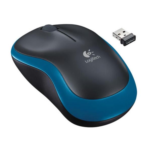 Мышь беспроводная оптическая Logitech M185 Wireless Mouse, USB, 3 кнопки, колесо, FM 10м, 1*AA, для ноутбука, черный-синий, 910-002239