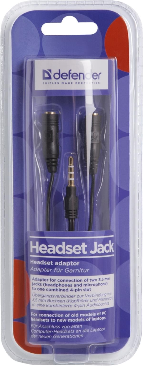 Переходник MiniJack*2 гнездо - MiniJack штырь Defender, 4 pin, микрофон + наушники, 0,15м, черный, арт. 63012