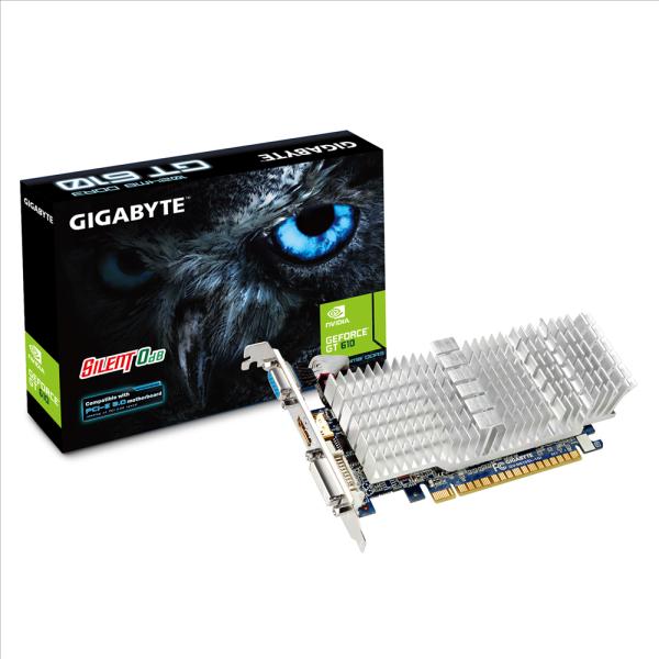 Видеокарта PCI-E Gf GT610 GIGABYTE GV-N610SL-1GI, 1GB GDDR3 64bit 810/1200МГц, PCI-E2.0, HDCP, DVI/HDMI/VGA, без вентилятора, Low profile, 29Вт
