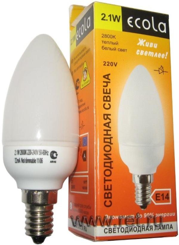 Лампа E14 светодиодная белая Ecola C4LW21ELC, 2.1/20Вт, теплый белый, 2800K, 220В, 25000ч, свеча, 104мм