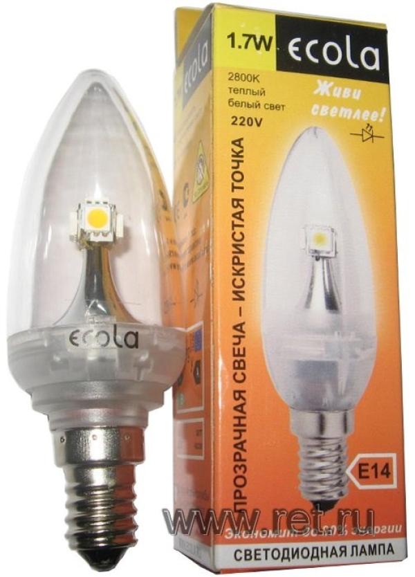 Лампа E14 светодиодная белая Ecola C4XW17ELC, 1.7/20Вт, теплый белый, 2800K, 220В, 30000ч, искристая свеча, 102мм