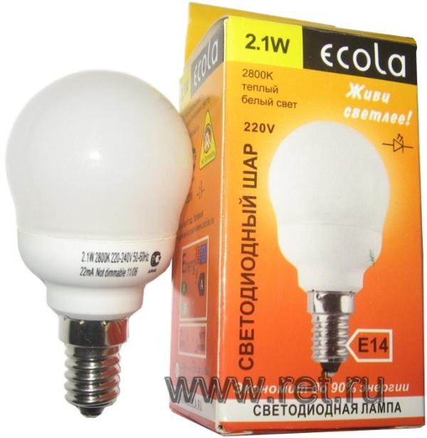 Лампа E14 светодиодная белая Ecola K4LW21ELC, 2.1/20Вт, теплый белый, 2800K, 220В, 25000ч, шар, 84мм
