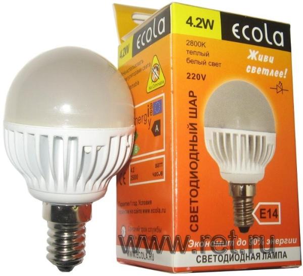 Лампа E14 светодиодная белая Ecola K4LW42ELC, 4.2/35Вт, теплый белый, 2700K, 220В, 25000ч, шар, матовый, 78мм