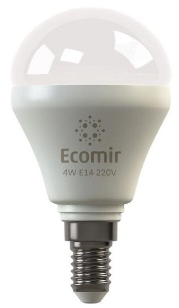 Лампа E14 светодиодная белая Ecomir 42906, 4/40Вт, теплый желтый, 3000K, 220В, 400Лм, 50000ч, шар, 50/90мм