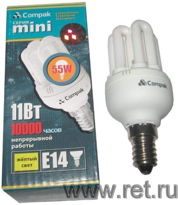 Лампа E14 энергосберегающая Compak 6U11Y-E14, 11/55Вт, теплый белый, 2700К, 220В, 605Лм, 10000ч, 6U, 45/95мм