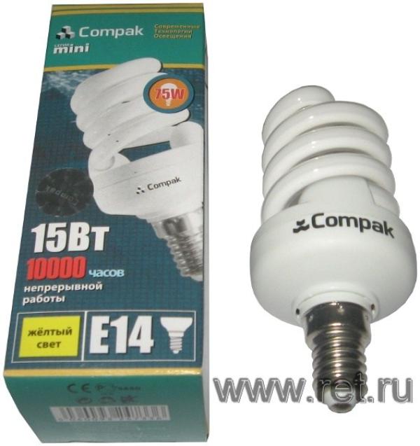 Лампа E14 энергосберегающая Compak FSP15Y-E14, 15/75Вт, теплый белый, 2700К, 220В, 900Лм, 10000ч, спираль, 45/103мм