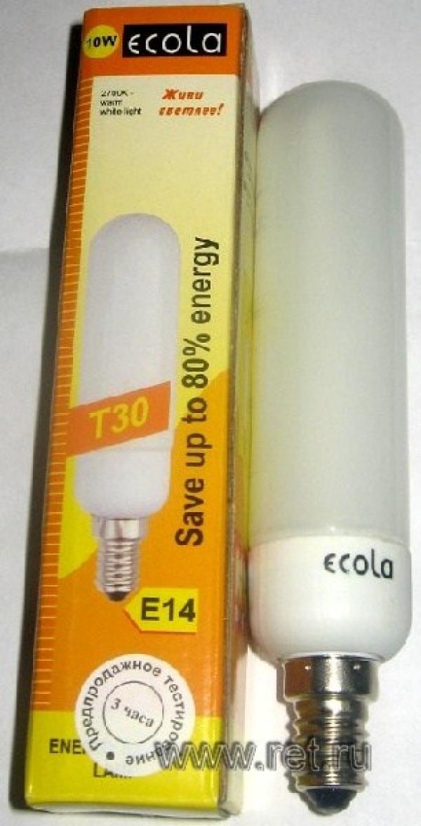 Лампа E14 энергосберегающая Ecola B4TW10ECL, 10/50Вт, теплый белый, 2700К, 220В, 470Лм, 8000ч, T30 тонкая колба, 30/144мм