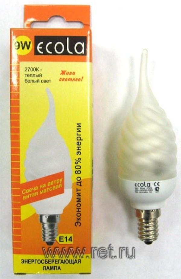 Лампа E14 энергосберегающая Ecola C4FW07ECG, 9/40Вт, теплый белый, 2700К, 220В, 8000ч, витая свеча на ветру, 125мм