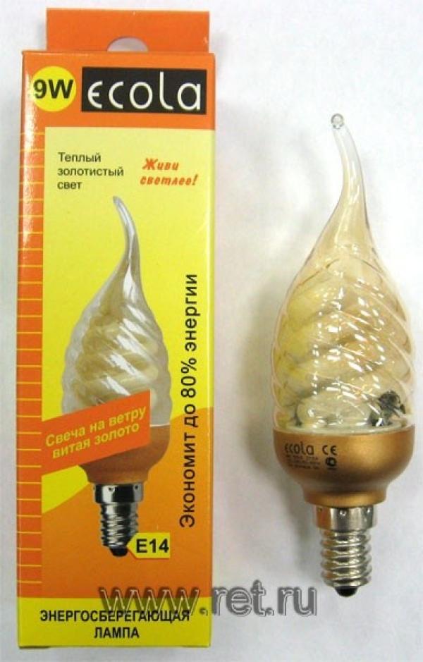 Лампа E14 энергосберегающая Ecola C4GW09ECG, 9/40Вт, теплый желтый, 220В, 380Лм, 8000ч, витая свеча на ветру, 39/125мм