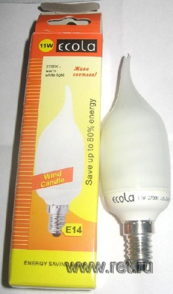 Лампа E14 энергосберегающая Ecola C4NW11EC, 11/55Вт, теплый белый, 2700К, 220В, 550Лм, 8000ч, свеча на ветру, 38/127мм