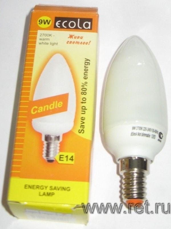Лампа E14 энергосберегающая Ecola C4SW09ECC, 9/45Вт, теплый белый, 2700К, 220В, 8000ч, свеча, 38/108мм