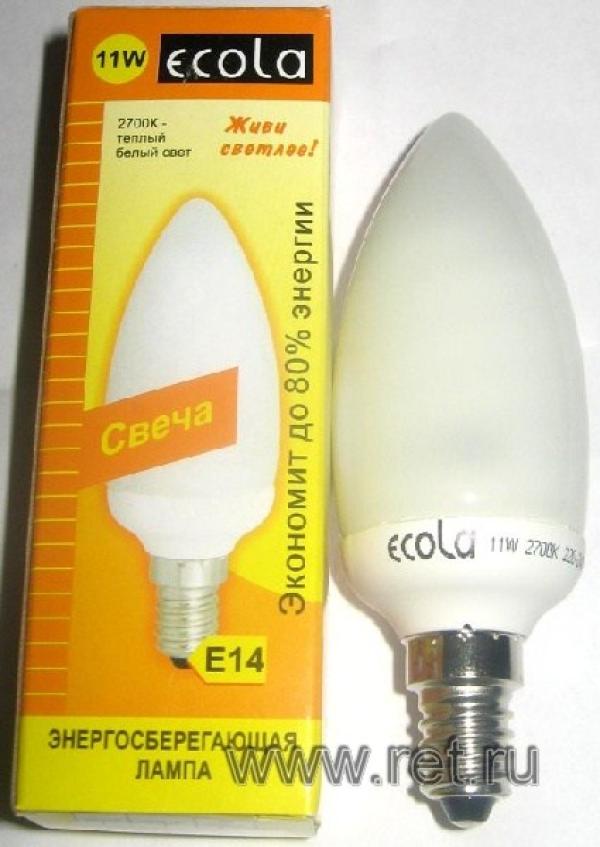 Лампа E14 энергосберегающая Ecola C4SW11EC, 11/55Вт, теплый белый, 2700К, 220В, 550Лм, 8000ч, свеча, 38/112мм