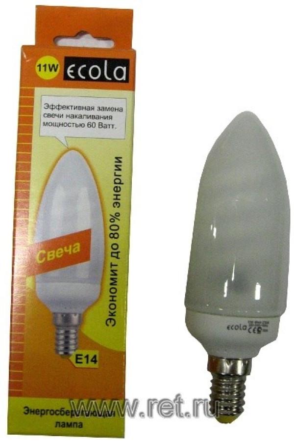 Лампа E14 энергосберегающая Ecola C4SW11ECB, 11/55Вт, теплый белый, 2700К, 220В, 550Лм, 8000ч, свеча, 38/119мм