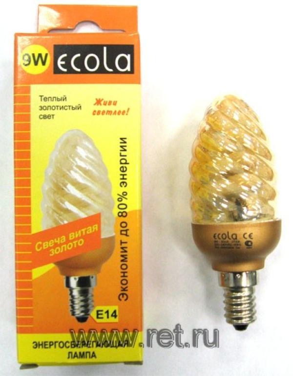Лампа E14 энергосберегающая Ecola C4YW09ECG, 9/40Вт, теплый желтый, 220В, 380Лм, 8000ч, витая свеча, 37/108мм