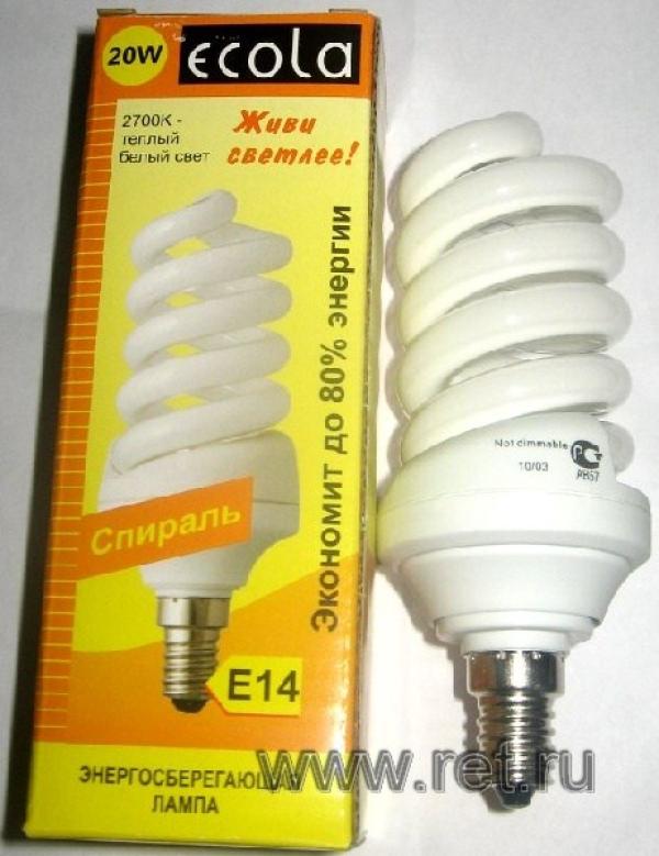 Лампа E14 энергосберегающая Ecola Z4BW20ECC, 20/100Вт, теплый белый, 2700К, 220В, 1100Лм, 8000ч, спираль, 48/128мм