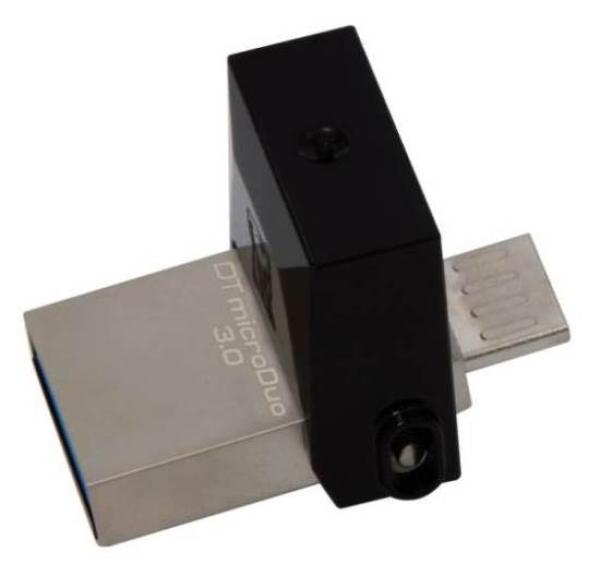 Флэш-накопитель USB3.0  64GB Kingston DataTraveler microDuo DTDUO3/64GB, 70/15МБ/сек, OTG USB micro-B, компактный, черный, стильный дизайн
