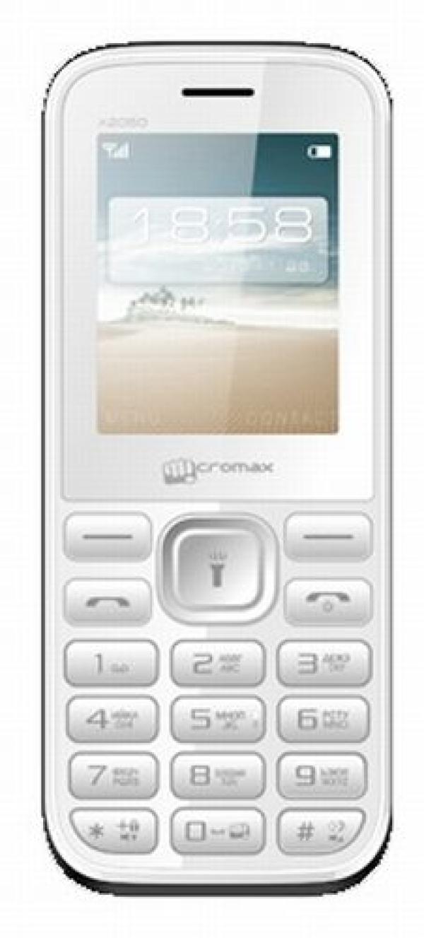 Мобильный телефон 2*SIM Micromax X2050, GSM900/1800, 2" 220*176, камера 0.1Мпикс, SD-micro, BT, запись видео, диктофон, WAP, MP3 плеер, FM радио, 47.6*115.7*12.5мм 50г, белый