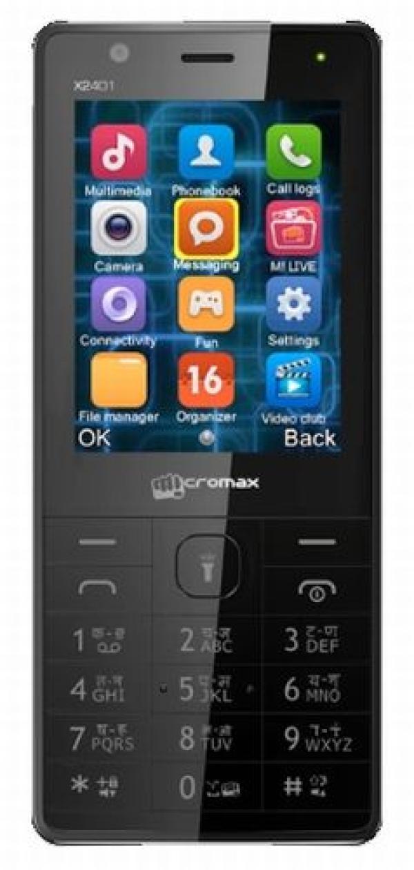 Мобильный телефон 2*SIM Micromax X2401, GSM900/1800, 2.4" 320*240, камера 2Мпикс, SD-micro, BT, запись видео, диктофон, WAP, MP3 плеер, FM радио, черный