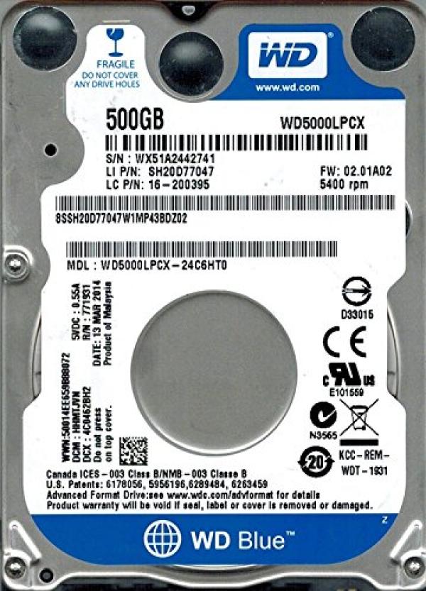 Жесткий диск 2.5" SATA  500GB WD Scorpio Blue WD5000LPCX, SATAIII, 5400rpm, 8MB cache, AF, для ноутбука