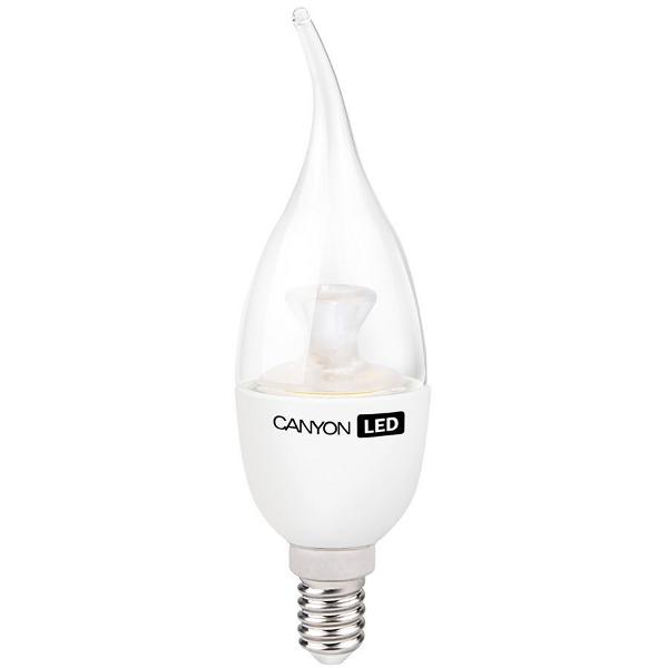 Лампа E14 светодиодная белая Canyon LED BXE14CL6W230VN, 6/41Вт, нейтральный белый, 4000К, 220..240В, 494Лм, 50000ч, свеча на ветру, прозрачный, 38/135мм