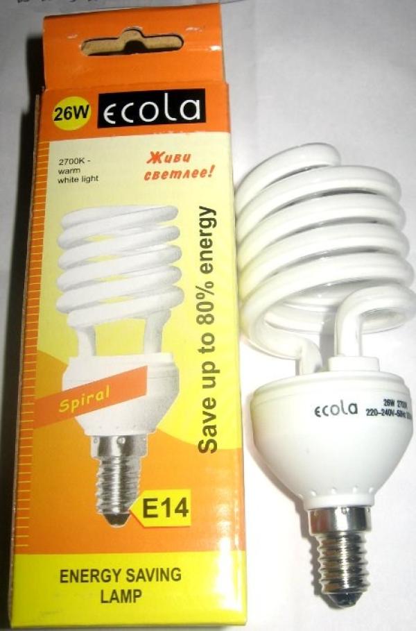 Лампа E14 энергосберегающая Ecola Z4SW26ECB, 26/125Вт, теплый белый, 2700К, 220В, 1500Лм, 8000ч, спираль, матовый, 53/125мм